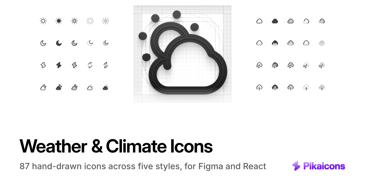 Weather Icons — 87 Hand-Drawn SVG + React | Pikaicons